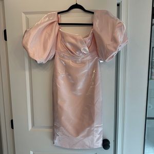 Puff sleeve off shoulder midi dress pink